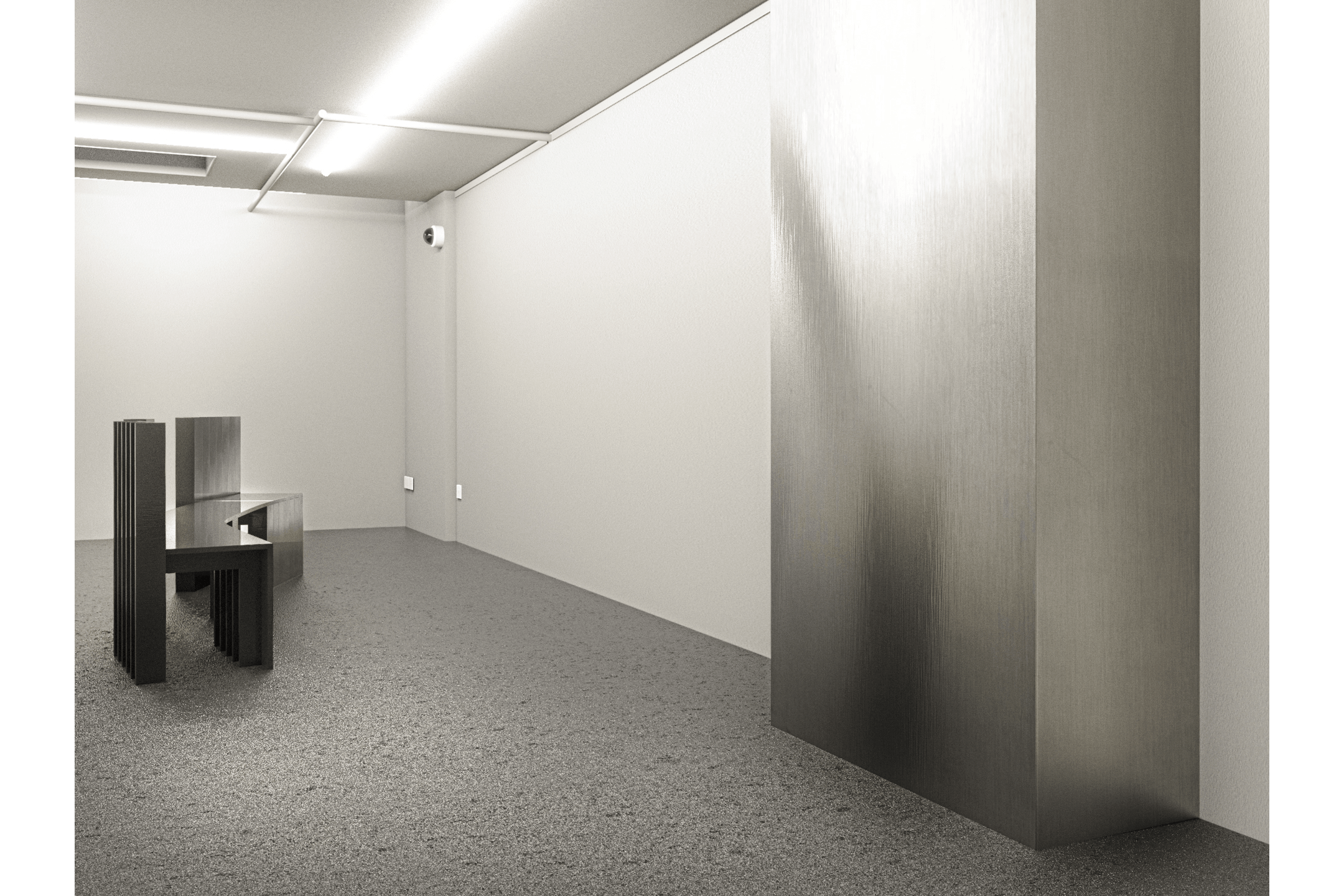 Boring Gallery Render with Stainless Steel Bench by Jacklyn Pappalardo