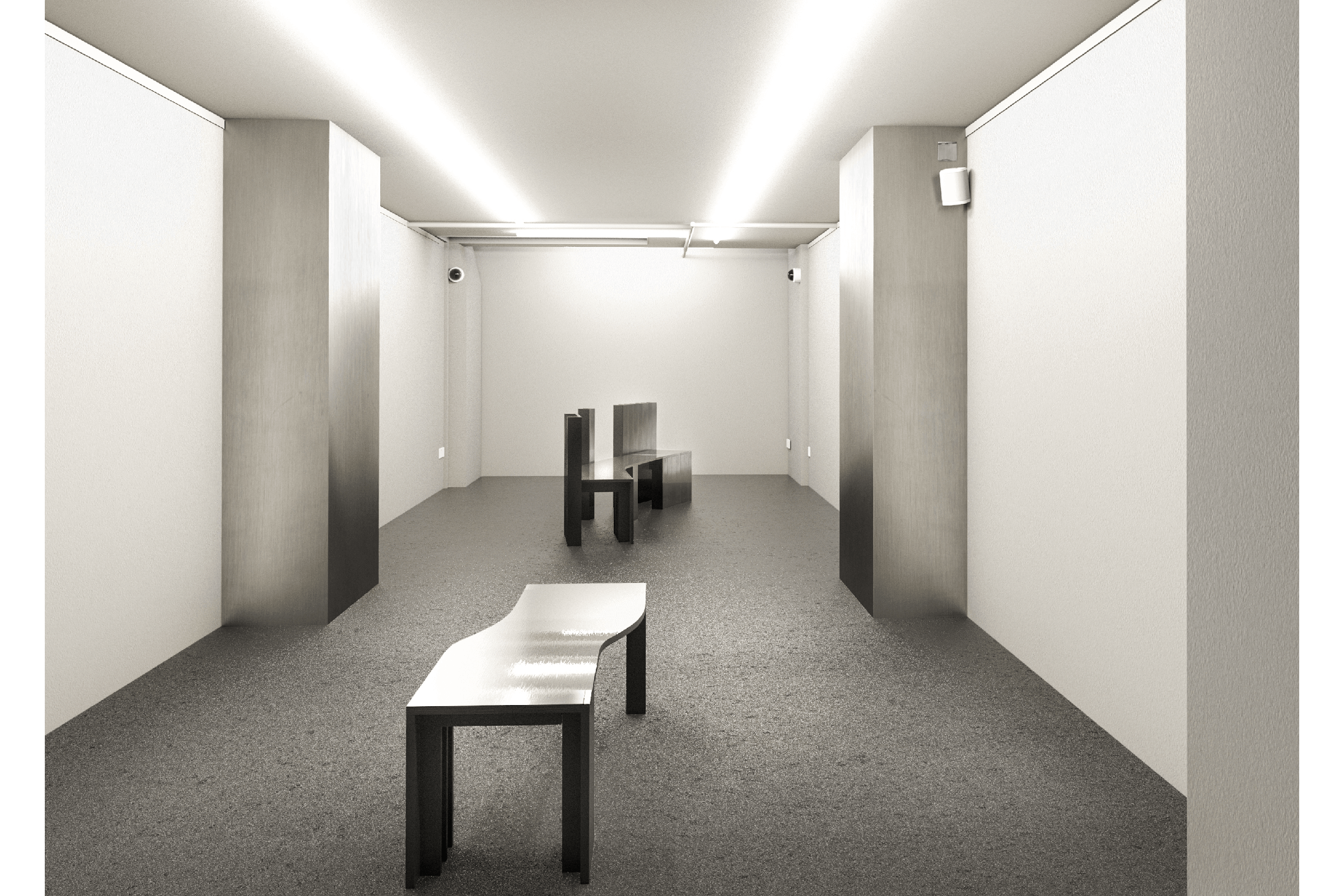 Boring Gallery Render with Stainless Steel Benches by Jacklyn Pappalardo